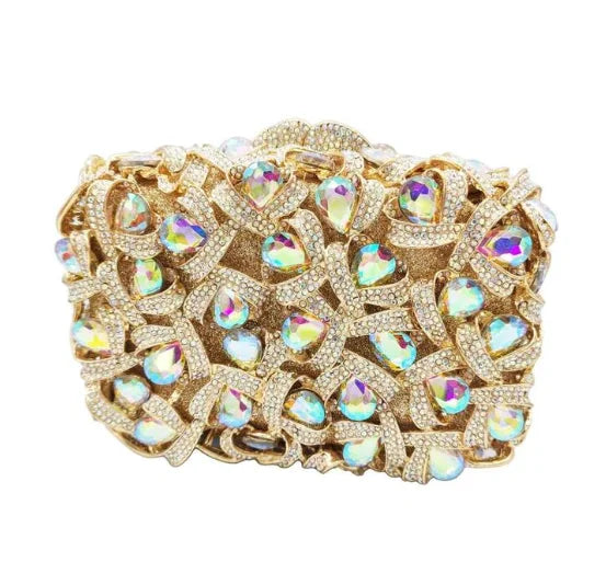 Large AB Rhinestone Crystal Clutch Purse Gold Metal Evening Wedding Bridesmaid Handbags New100% Handmade Women Diamond Bags