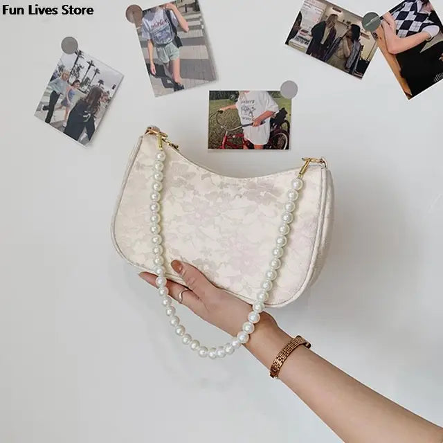 Flower Pattern Elegant Bags Women Retro Fashion Shoulder Purse Ladies Wedding Party Handbags White Pearl Chains Totes Classic