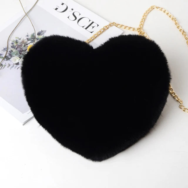 Fashion Women's Heart Shaped Handbags Cute Faux Fur Crossbody Bags  Lady Soft Plush Chain Shoulder Bag Shopper Totes