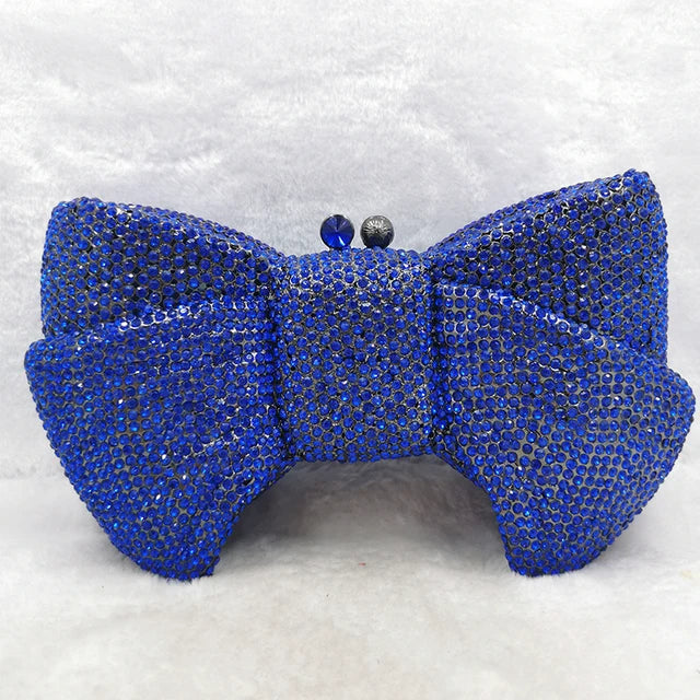 New Luxury Women Crystal Evening Clutch Blue/Green/Orange Diamond Rhinestone Bow Purses Lady Wedding Bridal Handbags Metal Bags