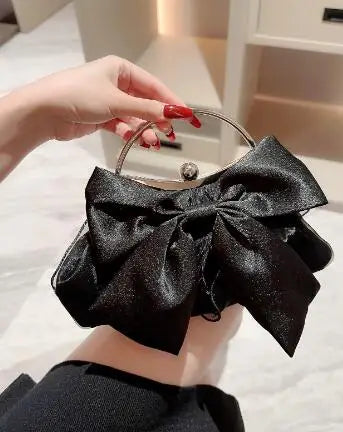 White Satin Bow Fairy Evening Bags Clutch Metal Handle Handbags for Women Wedding Party Bridal Clutches Purse Chain Shoulder Bag