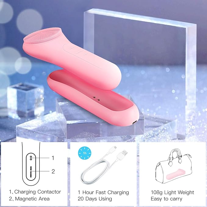 Aokitec Sonic Facial Cleansing Brush with Waterproof Silicone Face Scrubber, 42℃ Heating Massage for Facial SPA, Mild but Deep Cleaning for All Skins, Magnetic Charging,Pink,Christmas Gifts for Women