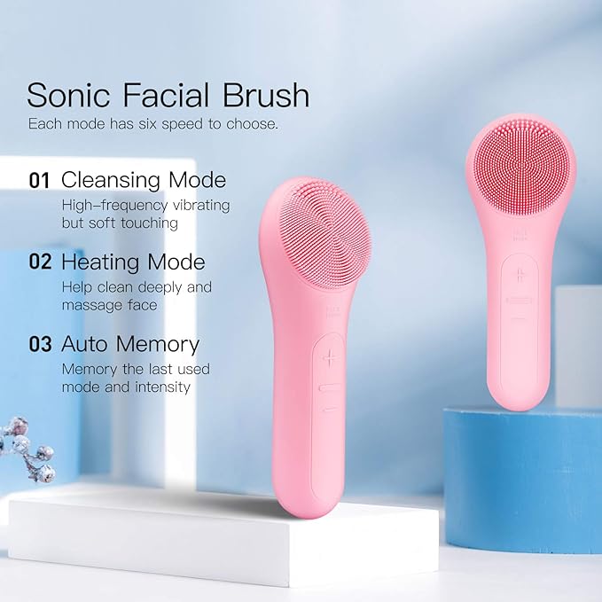 Aokitec Sonic Facial Cleansing Brush with Waterproof Silicone Face Scrubber, 42℃ Heating Massage for Facial SPA, Mild but Deep Cleaning for All Skins, Magnetic Charging,Pink,Christmas Gifts for Women