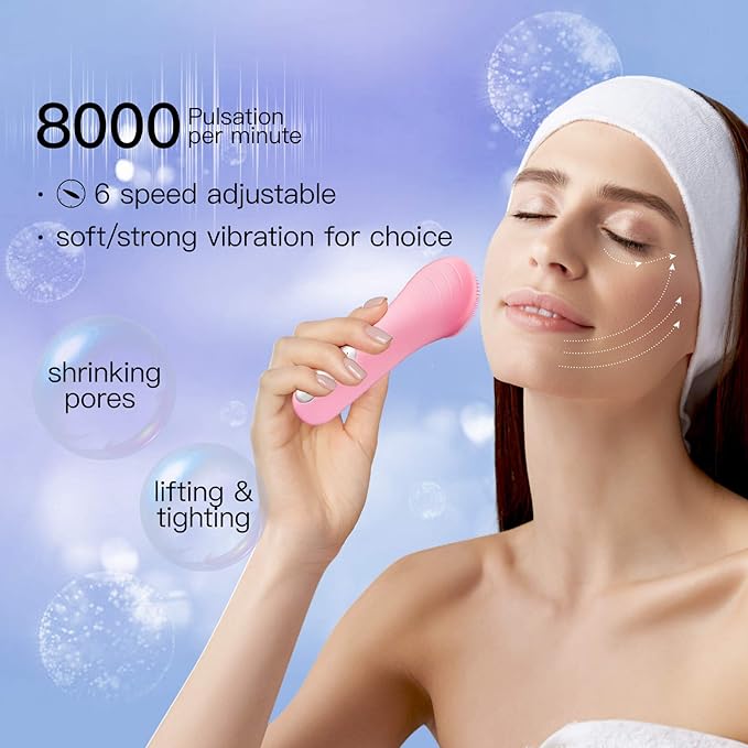 Aokitec Sonic Facial Cleansing Brush with Waterproof Silicone Face Scrubber, 42℃ Heating Massage for Facial SPA, Mild but Deep Cleaning for All Skins, Magnetic Charging,Pink,Christmas Gifts for Women