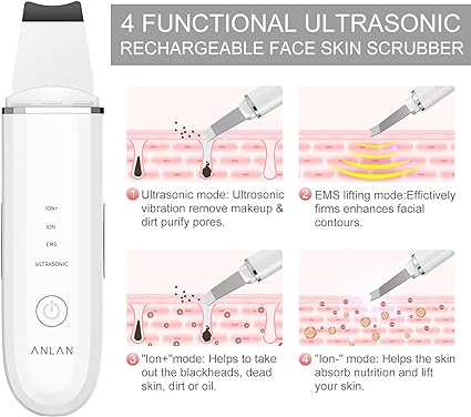 kin Scrubber, ANLAN Ultrasonic EMS Ion Exfoliating Device Face Cleanser and Blackhead Remover Pores Cleaning Wrinkle Remover Comedone Extractor Skin Care With 4 Modes USB Rechargeable