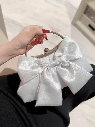 White Satin Bow Fairy Evening Bags Clutch Metal Handle Handbags for Women Wedding Party Bridal Clutches Purse Chain Shoulder Bag