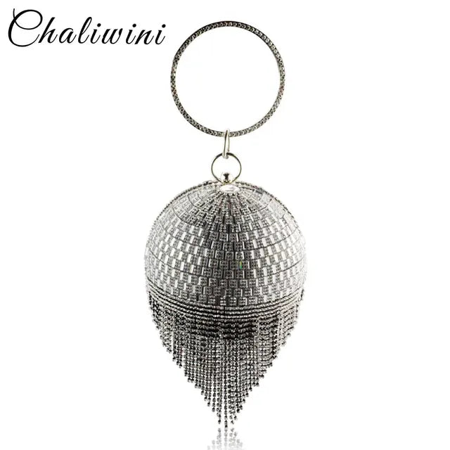 DG PEAFLOW Round Circular Gold Diamond Tassel Bridal  Women Evening Party Crystal Clutch Bag Wedding Wristlets Purse