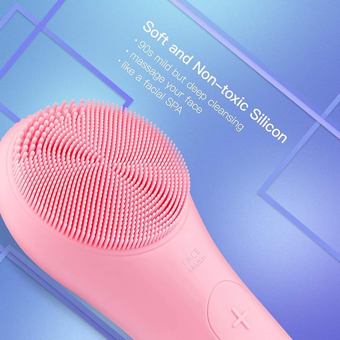 Aokitec Sonic Facial Cleansing Brush with Waterproof Silicone Face Scrubber, 42℃ Heating Massage for Facial SPA, Mild but Deep Cleaning for All Skins, Magnetic Charging,Pink,Christmas Gifts for Women