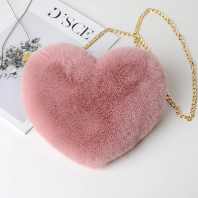 Fashion Women's Heart Shaped Handbags Cute Faux Fur Crossbody Bags  Lady Soft Plush Chain Shoulder Bag Shopper Totes