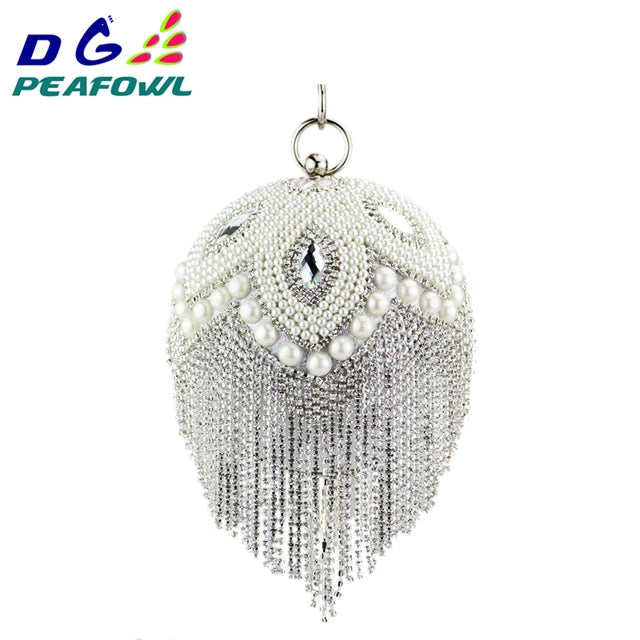 DG PEAFLOW Round Circular Gold Diamond Tassel Bridal  Women Evening Party Crystal Clutch Bag Wedding Wristlets Purse