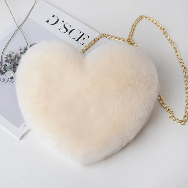 Fashion Women's Heart Shaped Handbags Cute Faux Fur Crossbody Bags  Lady Soft Plush Chain Shoulder Bag Shopper Totes