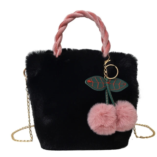 Plush Shoulder Bag with Cherry Pendant for Women Girl Trendy Handbag Tote Bag