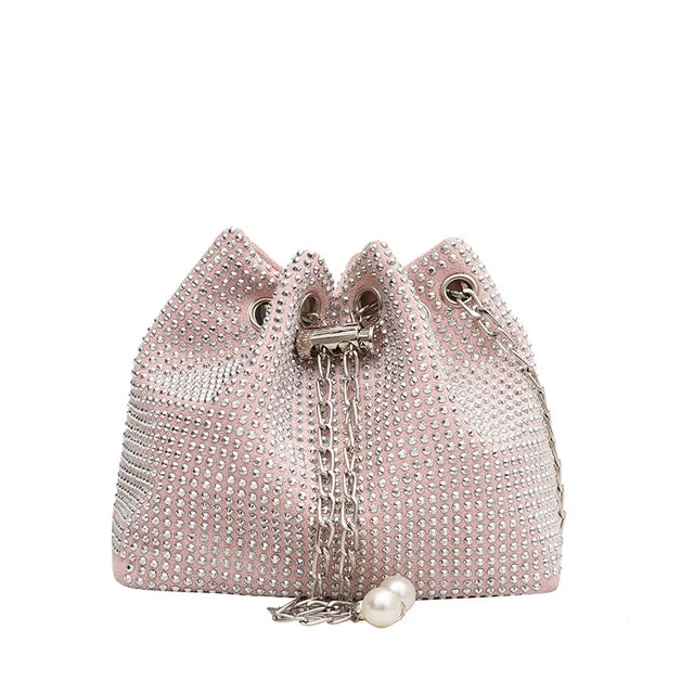 Women Fashion Diamonds Rhinestone Bucket Bags Retro Pearl Chain Ladies Shoulder Bags Shiny Small Crossbody Bags Female Handbags