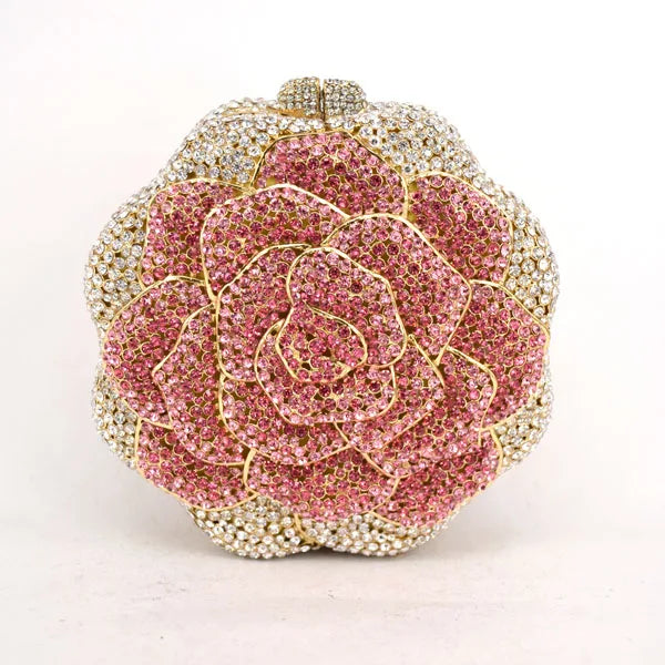 Pink Rose Flower Shaped Crystal Clutch bag free shipping diamond colorful Handmade Evening bags Bridal purse Customized SC021