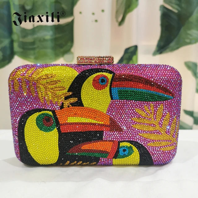 JIAXILI Woodpecker dinner bag Multicolored Evening Clutches Rhinestone Diamond Wedding Purse Elegant Women’s Shoulder bag clutch