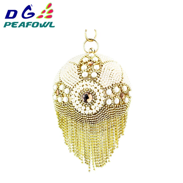 DG PEAFLOW Round Circular Gold Diamond Tassel Bridal  Women Evening Party Crystal Clutch Bag Wedding Wristlets Purse