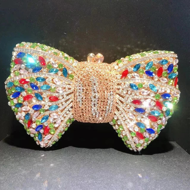 New Luxury Women Crystal Evening Clutch Blue/Green/Orange Diamond Rhinestone Bow Purses Lady Wedding Bridal Handbags Metal Bags