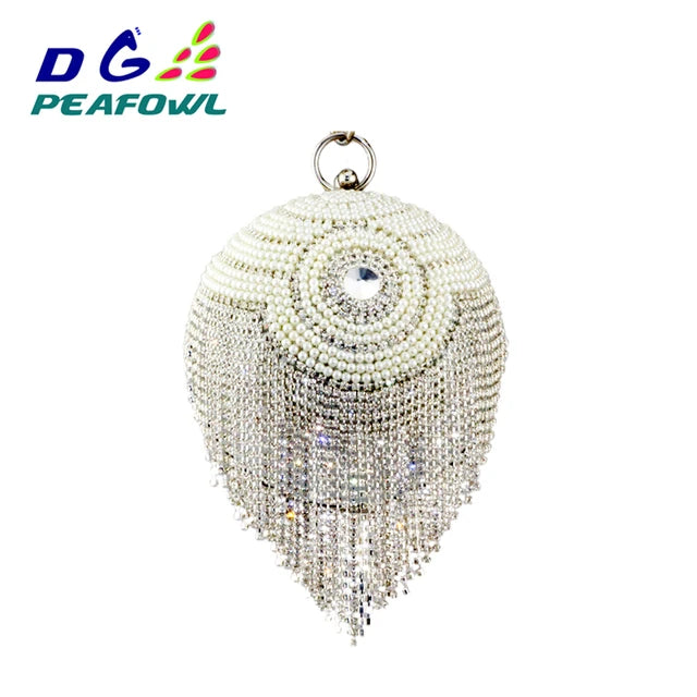 DG PEAFLOW Round Circular Gold Diamond Tassel Bridal  Women Evening Party Crystal Clutch Bag Wedding Wristlets Purse