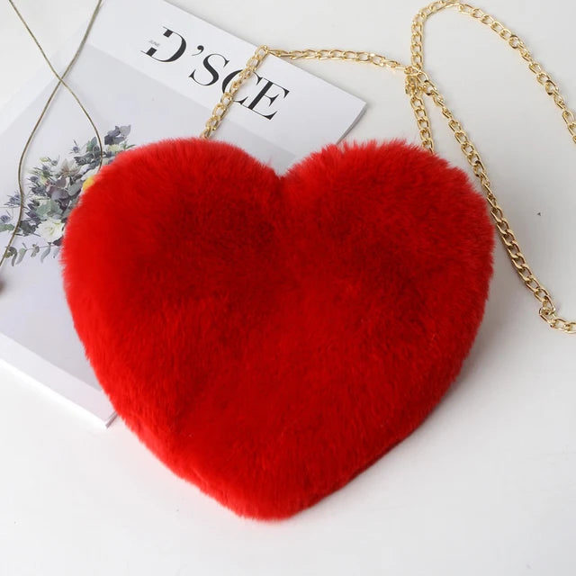 Fashion Women's Heart Shaped Handbags Cute Faux Fur Crossbody Bags  Lady Soft Plush Chain Shoulder Bag Shopper Totes