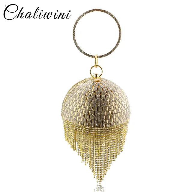 DG PEAFLOW Round Circular Gold Diamond Tassel Bridal  Women Evening Party Crystal Clutch Bag Wedding Wristlets Purse