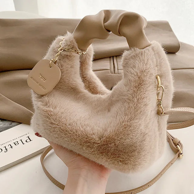 Women Faux Fur Handbags Zipper Small Lady Shoulder Bag Casual Tote Half-Moon Hobos Winder Crossbody Shopping Bag For Traveling