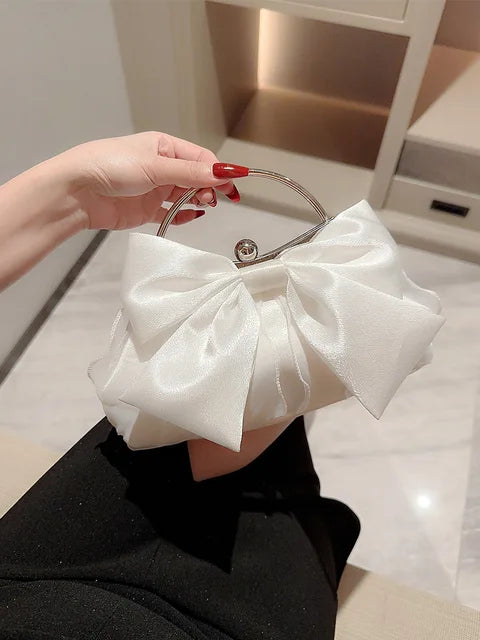 White Satin Bow Fairy Evening Bags Clutch Metal Handle Handbags for Women Wedding Party Bridal Clutches Purse Chain Shoulder Bag