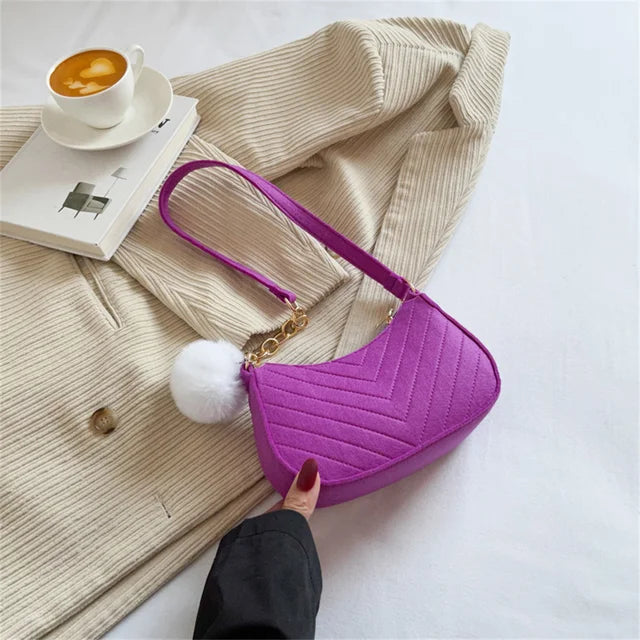 ISKYBOB Women Felt Mini Shoulder Bag Underarm Bags with Plush Pendant Solid Color Casual Handbags Female Pouch Light Weigh Bag