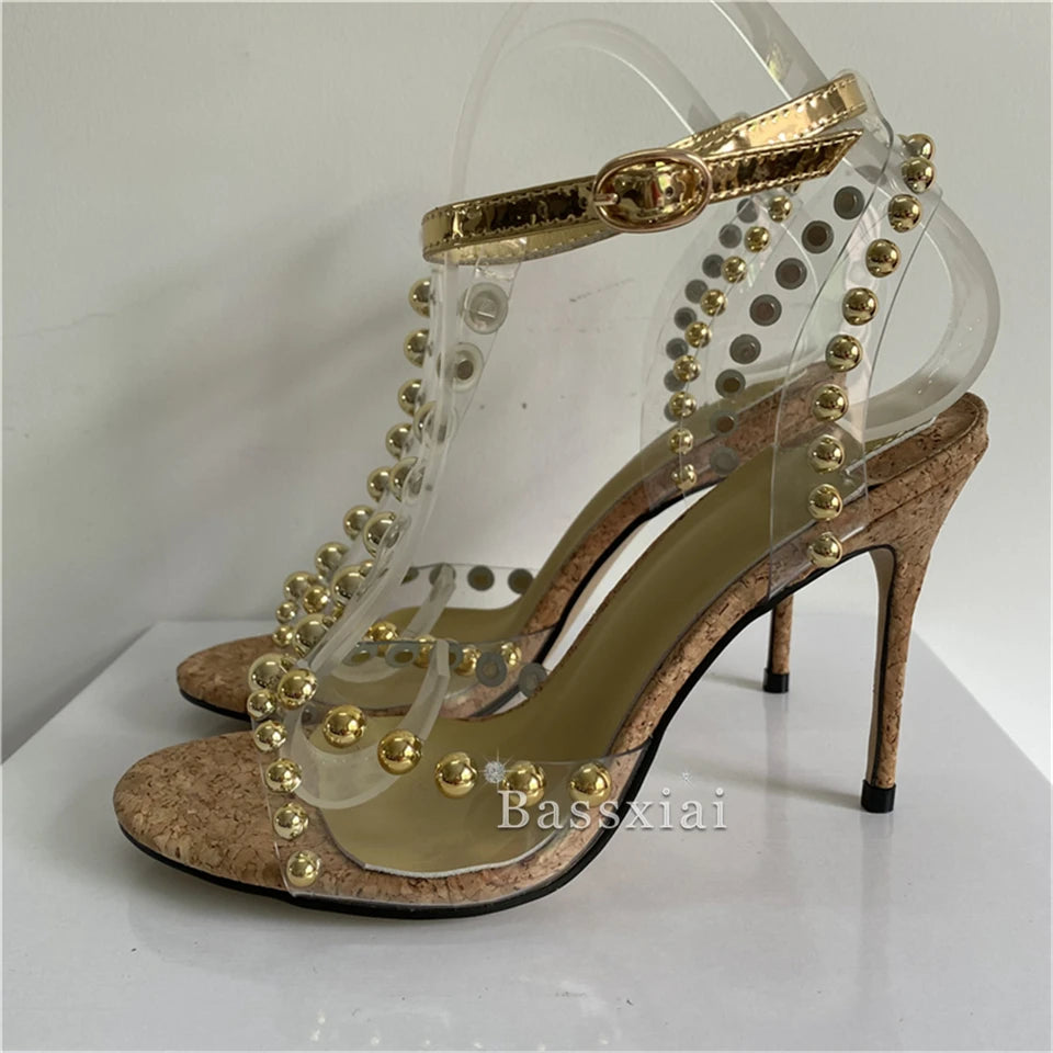 Colorful Rivet Ball Sandals Women 10cm Stiletto Heel Sexy Open Toe T-strap PVC Transparent Summer Shoes For Girls 2024