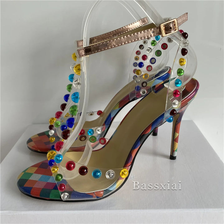 Colorful Rivet Ball Sandals Women 10cm Stiletto Heel Sexy Open Toe T-strap PVC Transparent Summer Shoes For Girls 2024