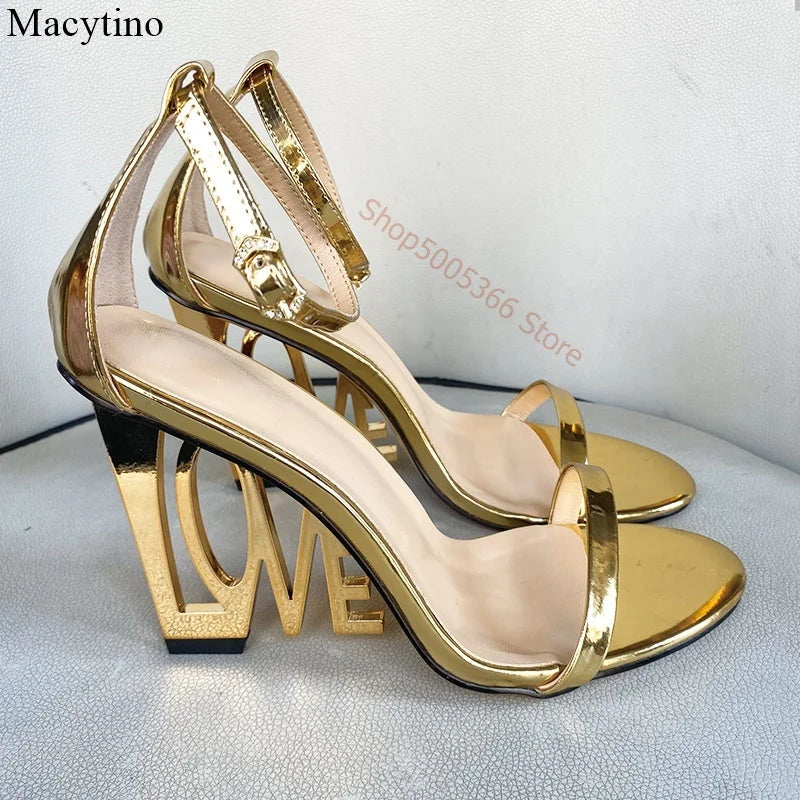 Strange Slipper Gold Love Heel sandals women sexy Wedge High Heels ankle strap sandalias Green Summer Party dress Shoes female