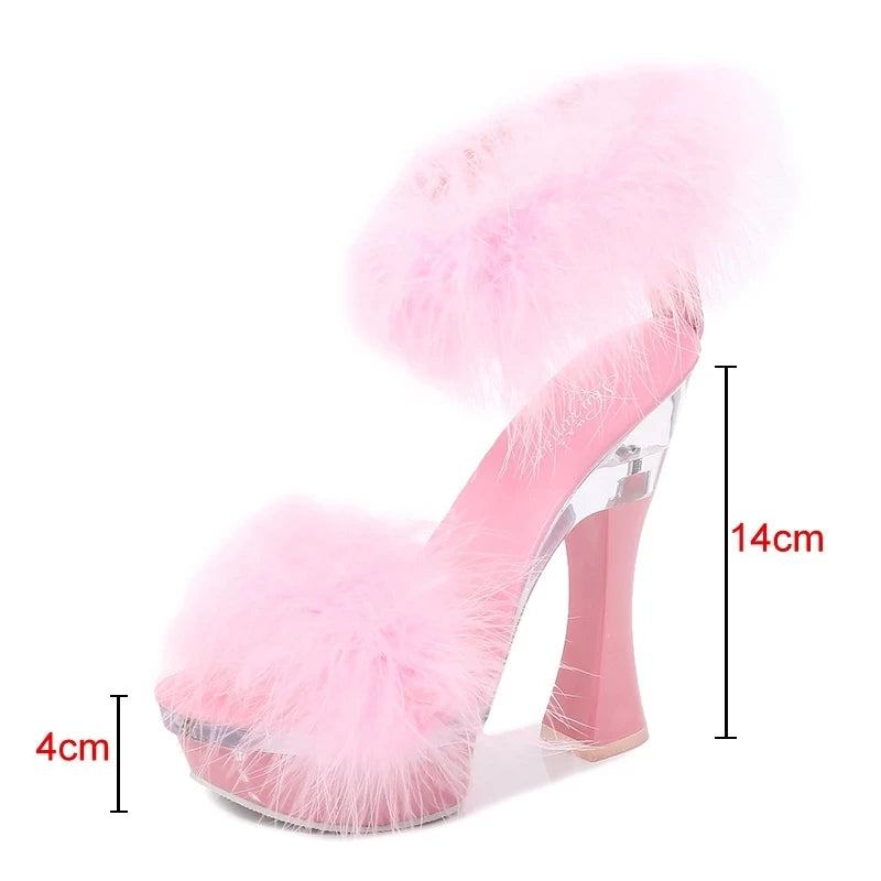 2021 New 4 Color Feather Thick High Heels Platform Sandals Women 14cm 17cm Heels Shoes Female Summer Hair Wedding Pumps Shoes