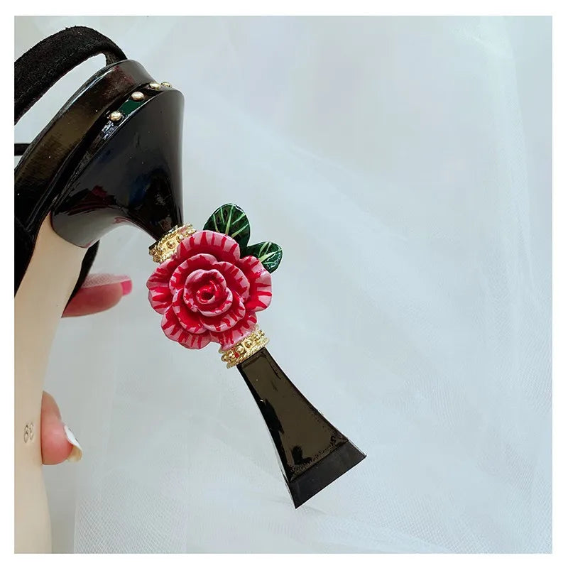 High End Design High Heels Rose Flower Insert Strange Heel Summer Sandals Floral Printing Formal Wedding Party Shoes Women