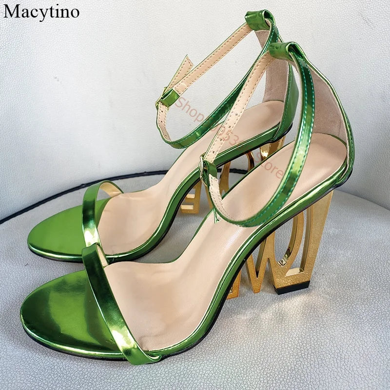 Strange Slipper Gold Love Heel sandals women sexy Wedge High Heels ankle strap sandalias Green Summer Party dress Shoes female