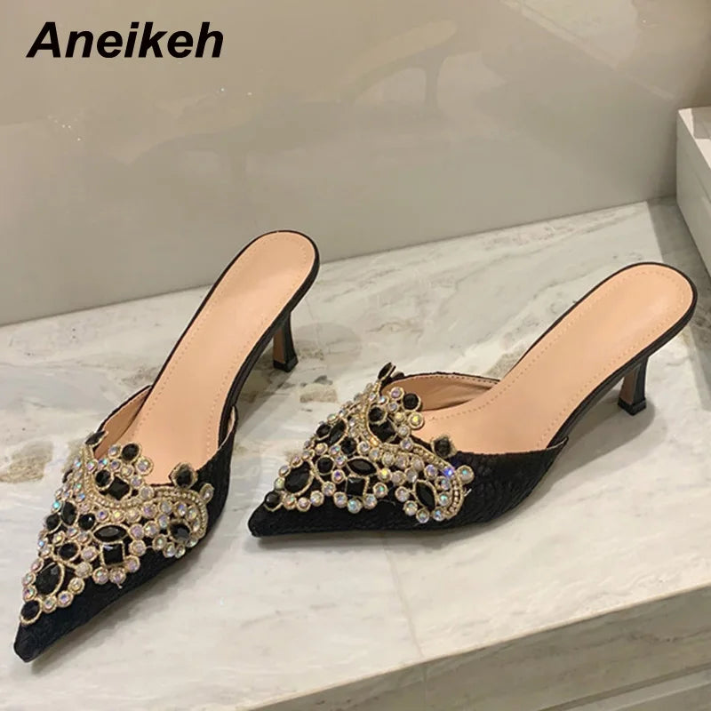 Aneikeh 2024 NEW Spring/Autumn Fashion Women Pointed Toe Pumps PU Thin Heels Retro Appliques Mules Polka Dot Party Slip-On Black