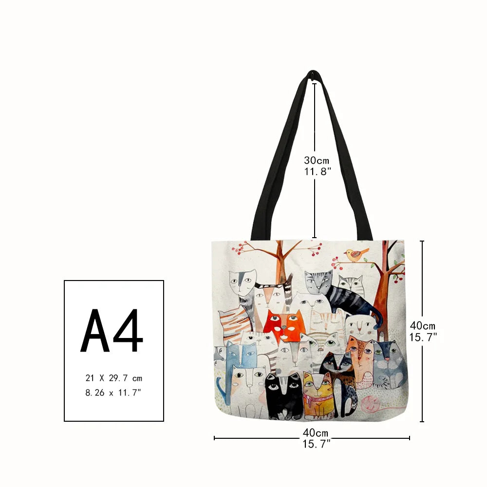 Design Cute Kawaii Cartoon Anime Cat Print Linen Tote Bag Women Fashion Handbags School Travel Shopping Shoulder Bags Reusable