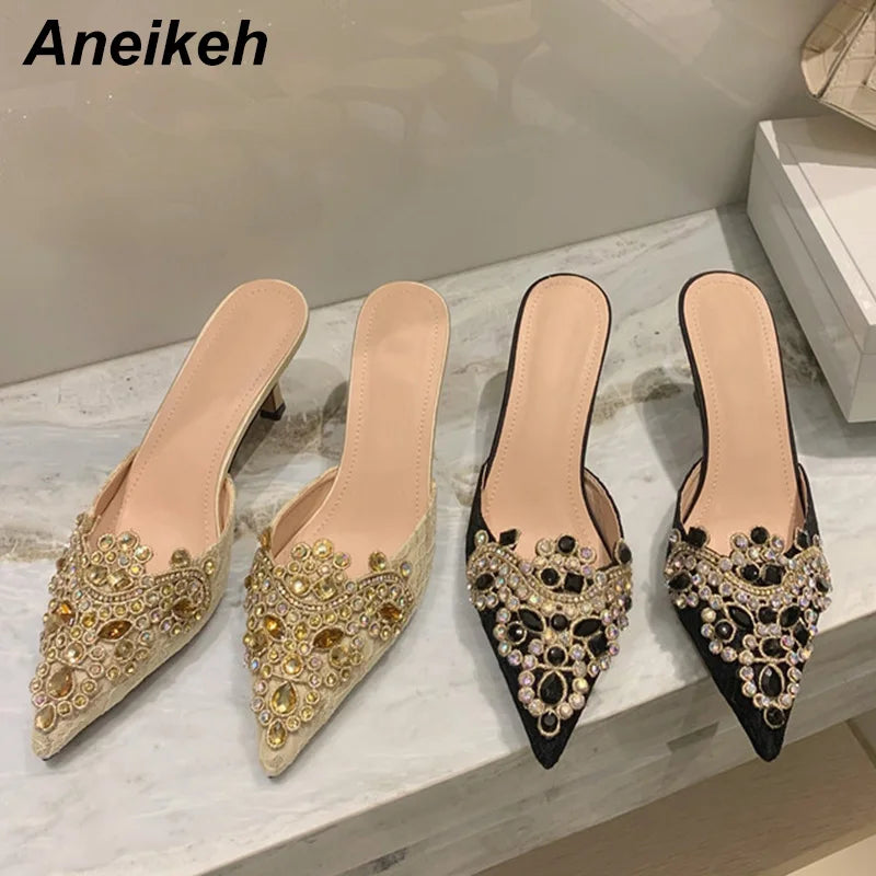 Aneikeh 2024 NEW Spring/Autumn Fashion Women Pointed Toe Pumps PU Thin Heels Retro Appliques Mules Polka Dot Party Slip-On Black