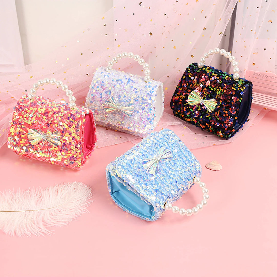 Kids Girls Fashion Sequins Cross-body Bags Bow Knot Pattern Square Shape Messenger Bags Princess Shiny Handbags