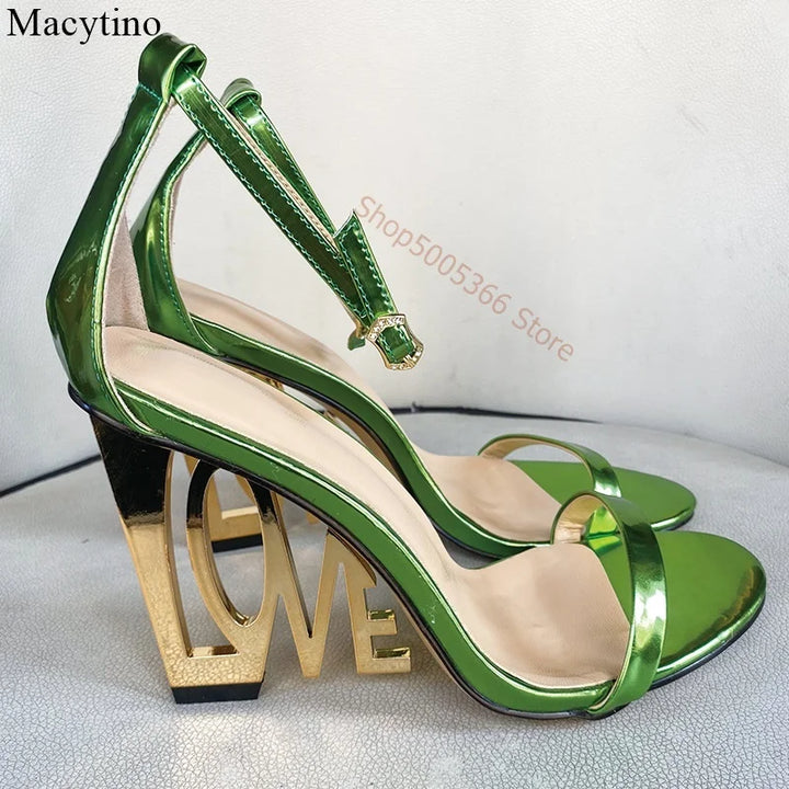 Strange Slipper Gold Love Heel sandals women sexy Wedge High Heels ankle strap sandalias Green Summer Party dress Shoes female