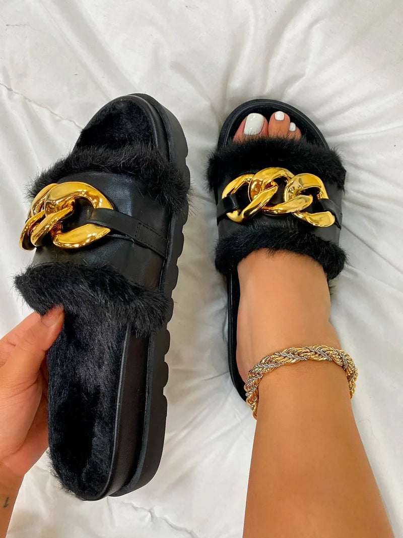 2021 Winter Plush Slippers Fashion Open Toe Solid Color Women's Sandals Metal Chain Outdoor Casual Women's Shoes  Fashion Shoes