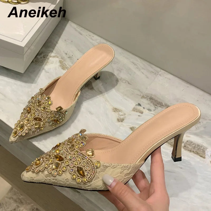 Aneikeh 2024 NEW Spring/Autumn Fashion Women Pointed Toe Pumps PU Thin Heels Retro Appliques Mules Polka Dot Party Slip-On Black