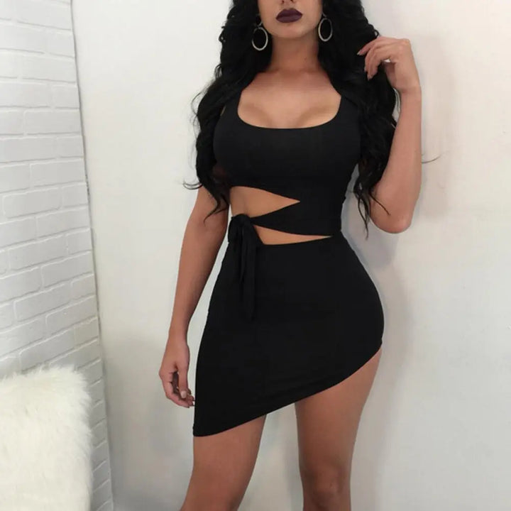 Fashion Party Dress Women Sexy Hypotenuse Hollow Out High Waist Sexy Package Hip Short Mini Dresses Evening Club Dress