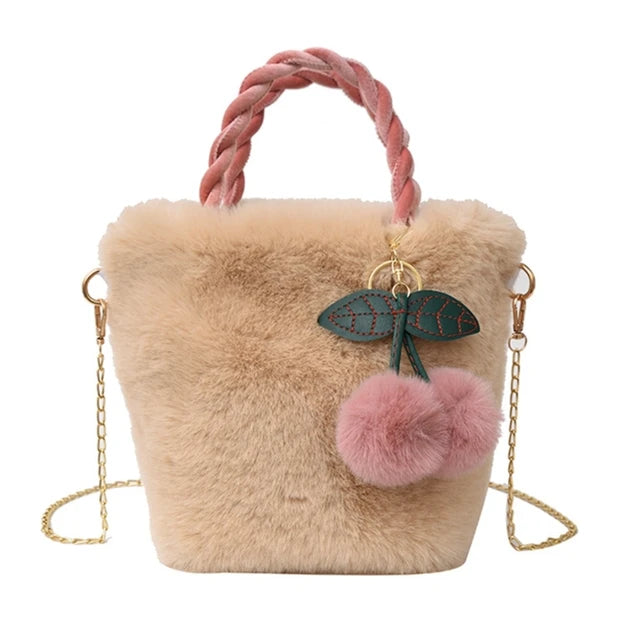 Plush Shoulder Bag with Cherry Pendant for Women Girl Trendy Handbag Tote Bag