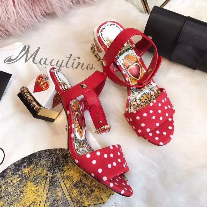 Pearled crystal black round dot High Heels Gladiator Sandals love heart flowers embellished Women Pumps summer wedding shoes