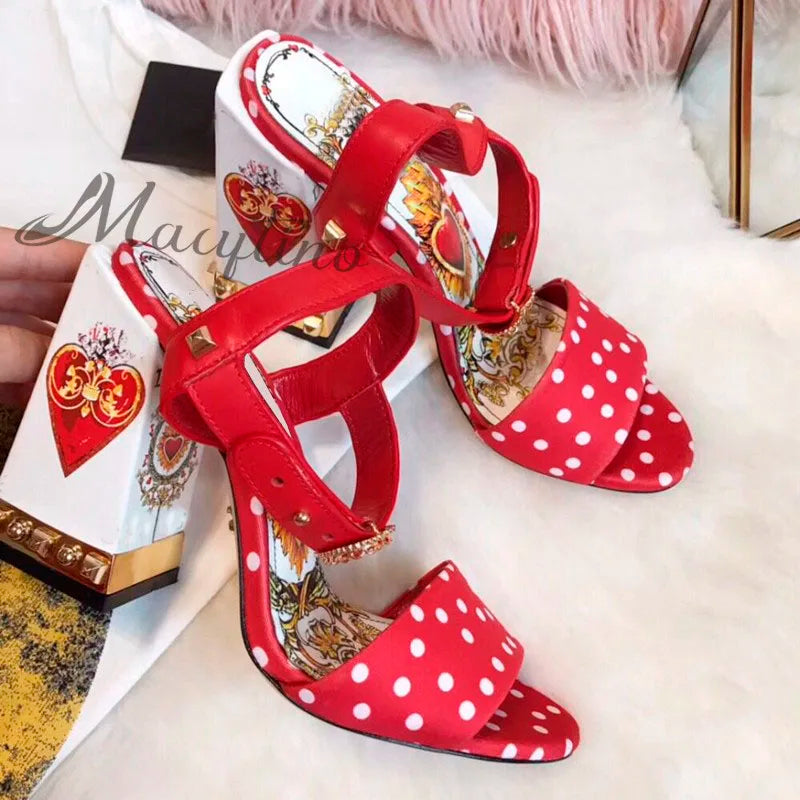 Pearled crystal black round dot High Heels Gladiator Sandals love heart flowers embellished Women Pumps summer wedding shoes