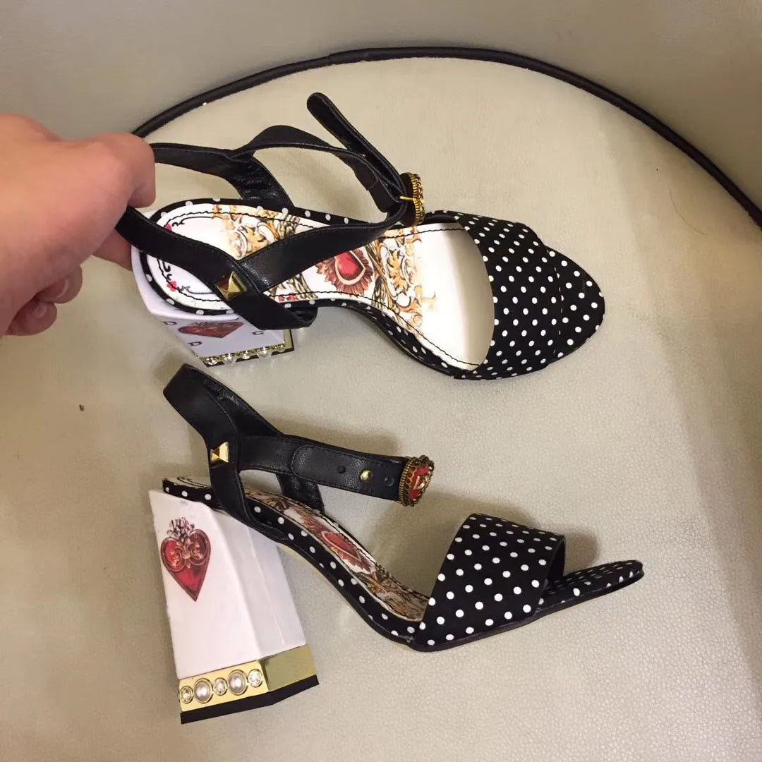 Pearled crystal black round dot High Heels Gladiator Sandals love heart flowers embellished Women Pumps summer wedding shoes