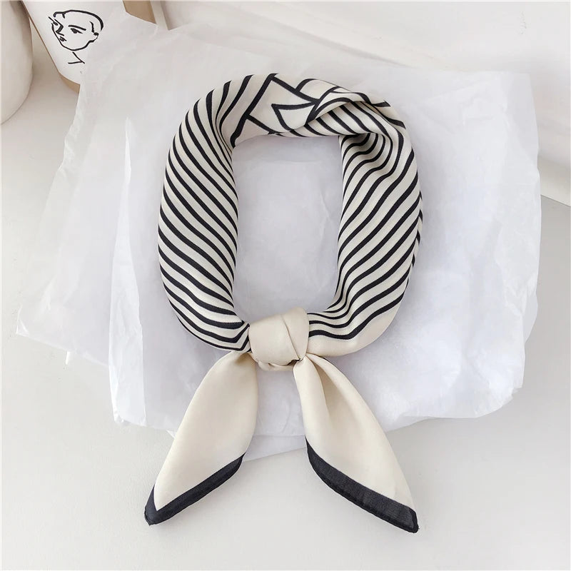 Luna&Dolphin Women Retro Sunscreen Small Silk Scarf 55x55cm Beige Strip Chiffon Headbands Bandana Bag Ribbon Neckerchief Hijab