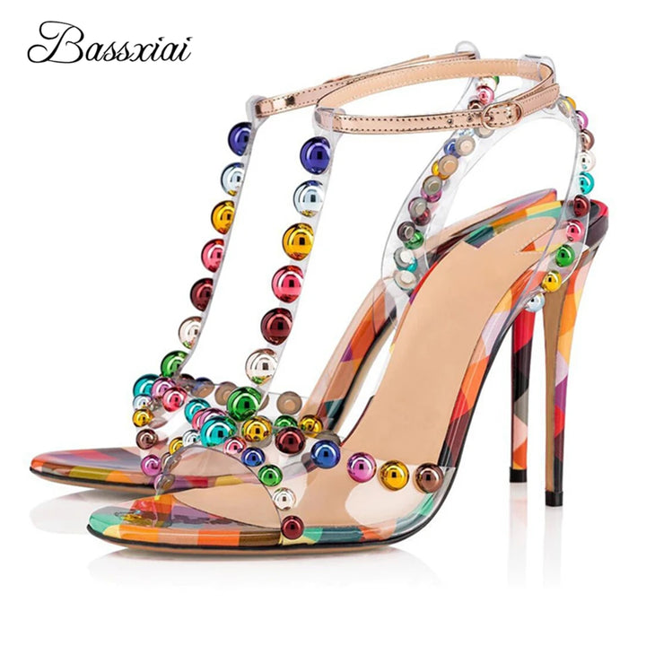 Colorful Rivet Ball Sandals Women 10cm Stiletto Heel Sexy Open Toe T-strap PVC Transparent Summer Shoes For Girls 2024