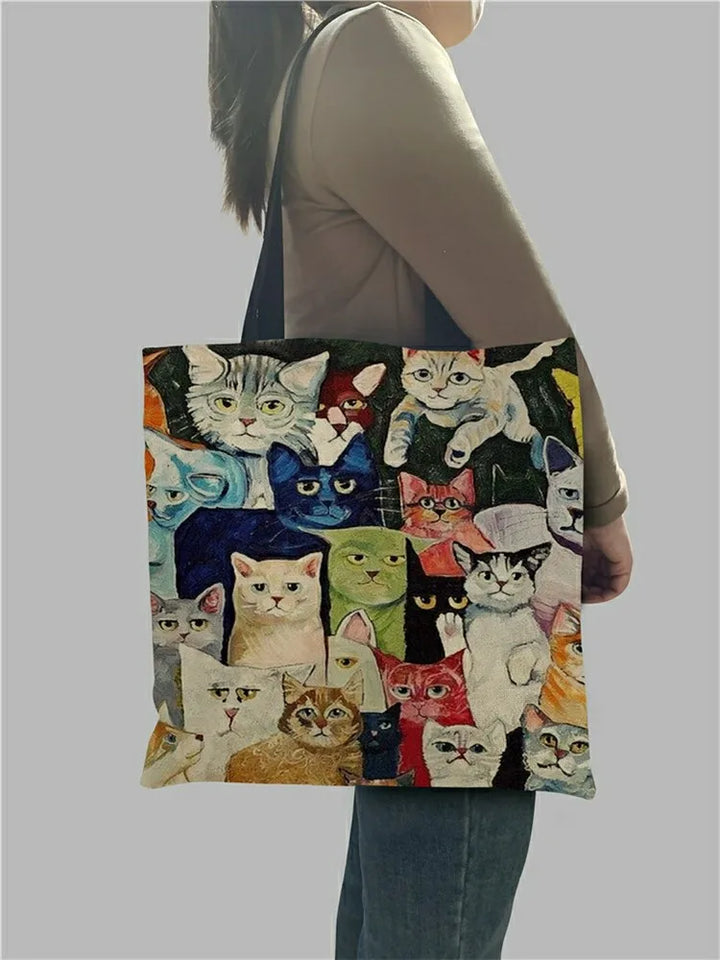 Design Cute Kawaii Cartoon Anime Cat Print Linen Tote Bag Women Fashion Handbags School Travel Shopping Shoulder Bags Reusable