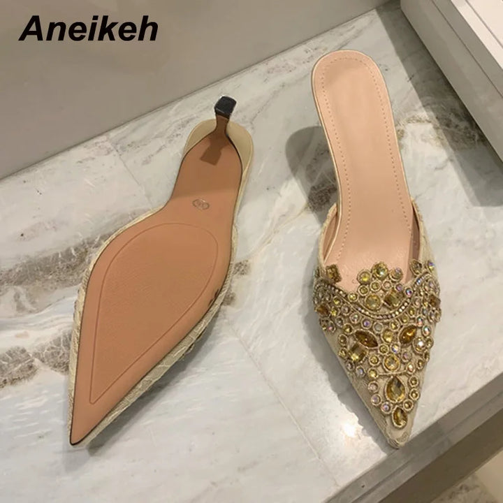 Aneikeh 2024 NEW Spring/Autumn Fashion Women Pointed Toe Pumps PU Thin Heels Retro Appliques Mules Polka Dot Party Slip-On Black