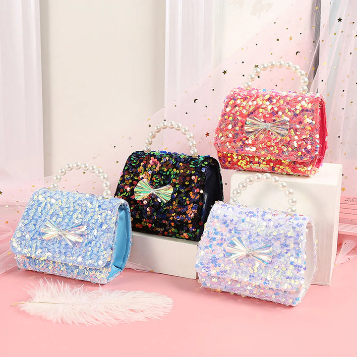 Kids Girls Fashion Sequins Cross-body Bags Bow Knot Pattern Square Shape Messenger Bags Princess Shiny Handbags